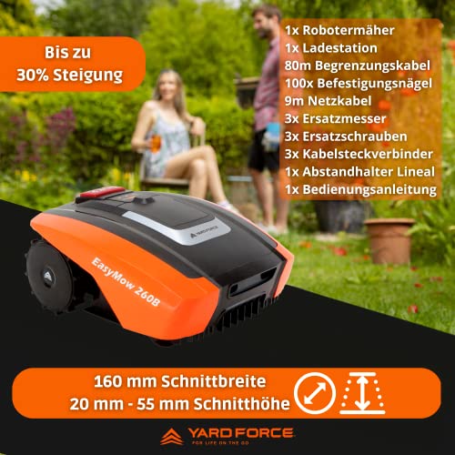 Yard FORCE Mähroboter EasyMow 260B bis zu 260 qm - Selbstfahrender Rasenmähroboter, einfache Bedienung, Bluetooth- und App-Steuerung, 30% Steigung und 20 V / 2,0 Ah Lithium-Ionen-Akku, 260 M² - 4