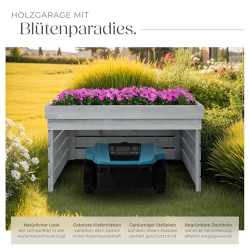 tectake® Mähroboter Garage, Holz Unterstand für Rasenmähroboter, mit Pflanzkasten, wetterfest, Rasenroboter Garage inkl. Folie für bepflanzbares Dach, Schutz vor Regen & UV-Strahlen für Mähroboter - 3