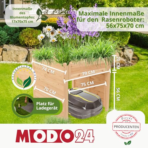 MODO24 Mährobotergarage, Rasenmäher Garage, Mähroboter Garage aus robustem Holz, Pflanzkasten mit Schutzfolie, Wetterfest, Blumenregal, Blumenständer, FSC Holz, Abmessungen 76x79x74 cm, Farbe: Grau - 2