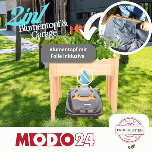 MODO24 Mährobotergarage, Rasenmäher Garage, Mähroboter Garage aus robustem Holz, Pflanzkasten mit Schutzfolie, Wetterfest, Blumenregal, Blumenständer, FSC Holz, Abmessungen 76x79x74 cm, Farbe: Grau - 3