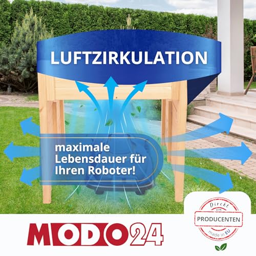 MODO24 Mährobotergarage, Rasenmäher Garage, Mähroboter Garage aus robustem Holz, Pflanzkasten mit Schutzfolie, Wetterfest, Blumenregal, Blumenständer, FSC Holz, Abmessungen 76x79x74 cm, Farbe: Grau - 5