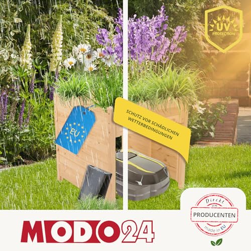 MODO24 Mährobotergarage, Rasenmäher Garage, Mähroboter Garage aus robustem Holz, Pflanzkasten mit Schutzfolie, Wetterfest, Blumenregal, Blumenständer, FSC Holz, Abmessungen 76x79x74 cm, Farbe: Grau - 7