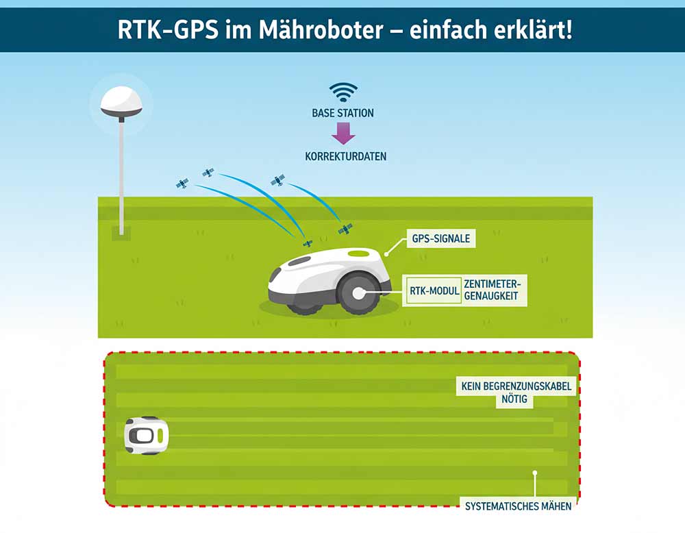 RTK‑GPS im Mähroboter – einfach erklärt RTK‑GPS im Mähroboter – einfach erklärt
